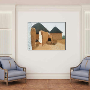 'Childhood Memories 3 (Village Homes)' painting by Sandeep Ghule shown on a wall in a furnished room.