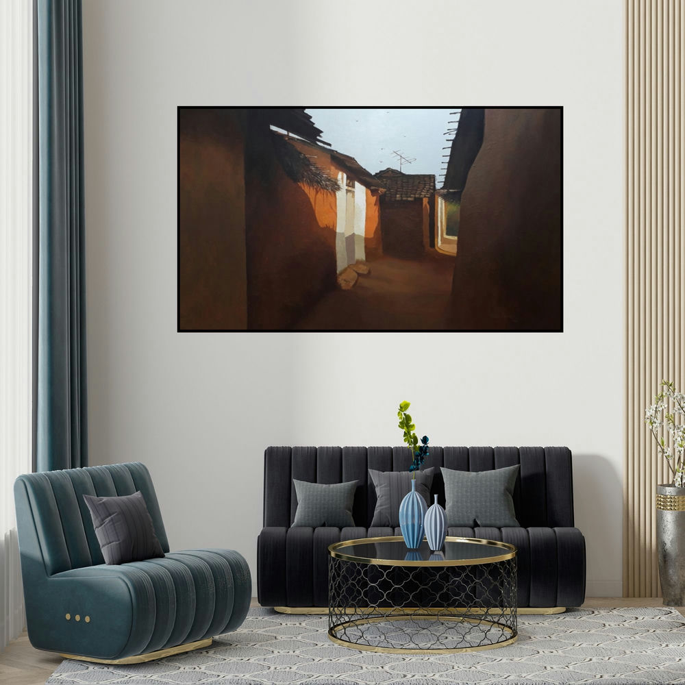 Sandeep Ghule's 'Childhood Memories (Quiet Corner)' painting visualized above a sofa in a contemporary room.