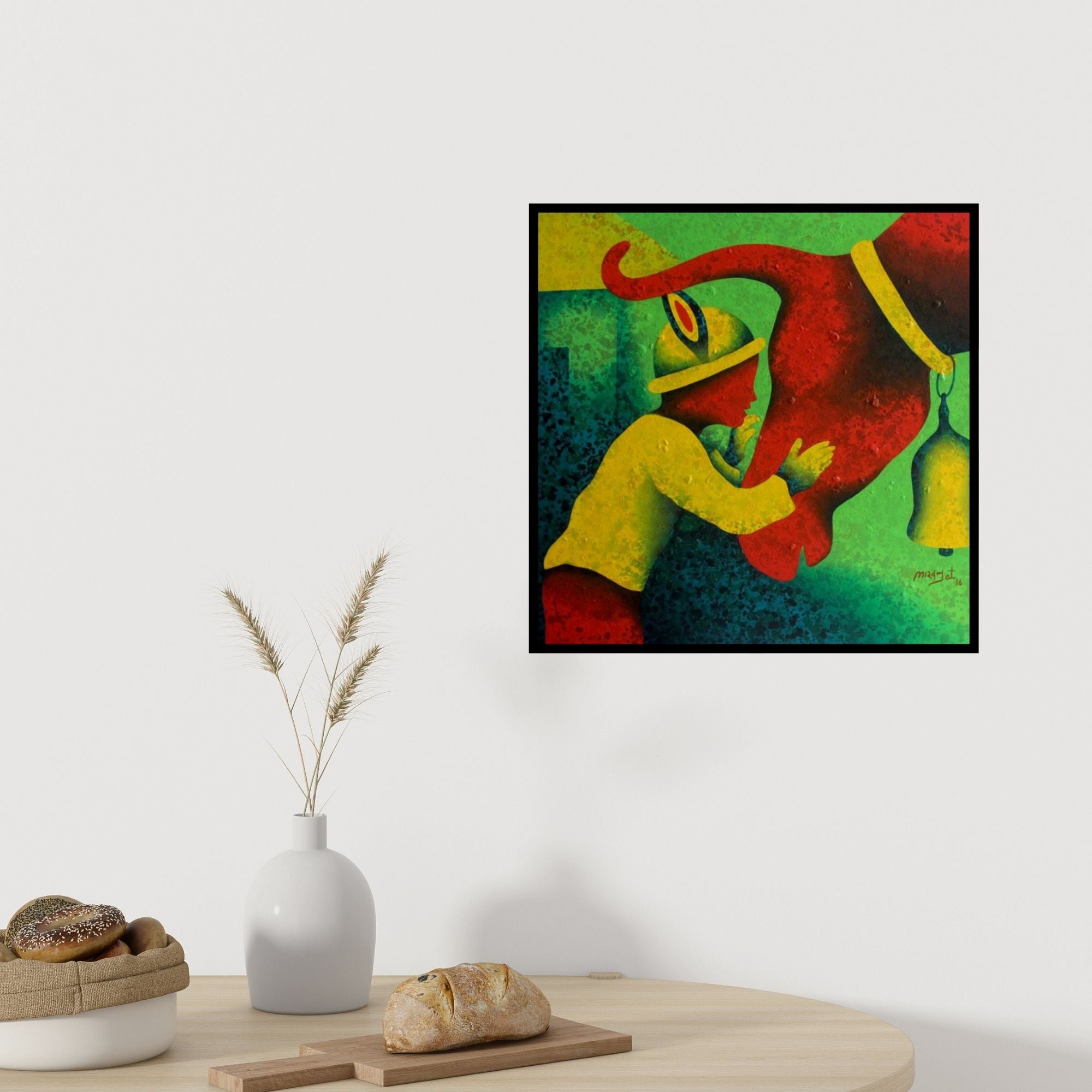 In-situ view of Lakhan Singh Jat's 'Childhood Memories (A Tender Bond)' painting in a room