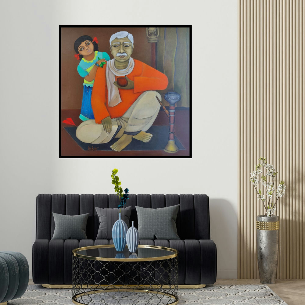 Piyali Sarkar's 'Childhood Memory (A Quiet Moment)' painting visualized above a sofa in a contemporary room.