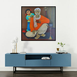'Childhood Memory (A Quiet Moment)' painting by Piyali Sarkar shown on a wall in a furnished room.