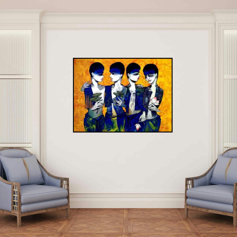 'Childhood Memory' painting by Mukesh Salvi shown on a wall in a furnished room.