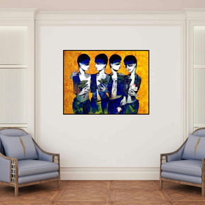 'Childhood Memory' painting by Mukesh Salvi shown on a wall in a furnished room.
