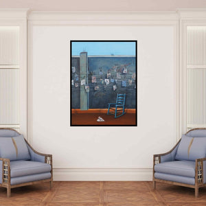 In-situ view of Isha Bawiskar's 'Childhood Obstacles (Beyond the Wall)' painting in a room