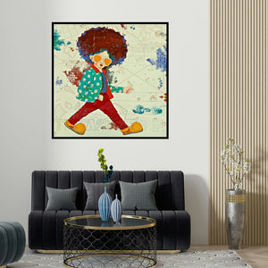 Shiv Kumar Soni's 'Childhood Passion 32 (Whimsical Wanderer)' painting visualized above a sofa in a contemporary room.