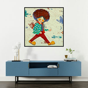'Childhood Passion 32 (Whimsical Wanderer)' painting by Shiv Kumar Soni shown on a wall in a furnished room.