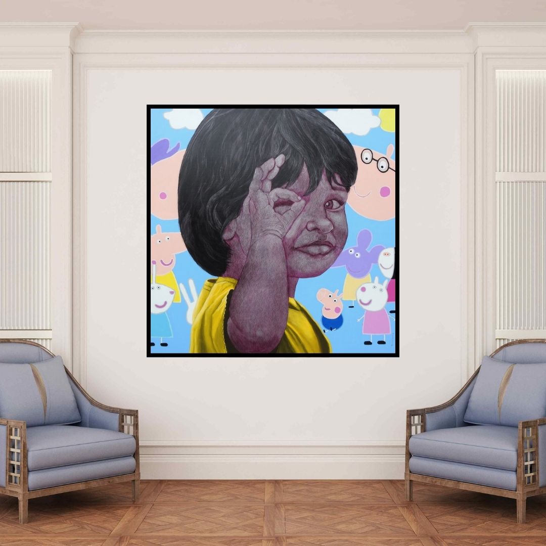 In-situ view of Deepali S's 'Childhood Secrets 1' painting in a room