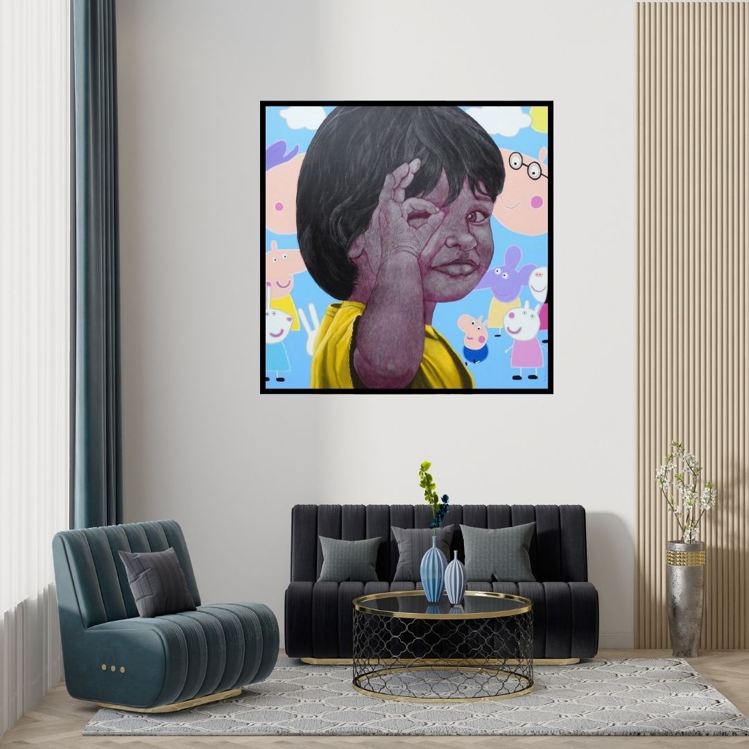 Preview of 'Childhood Secrets 1' Painting by Deepali S shown on a wall in a furnished room.