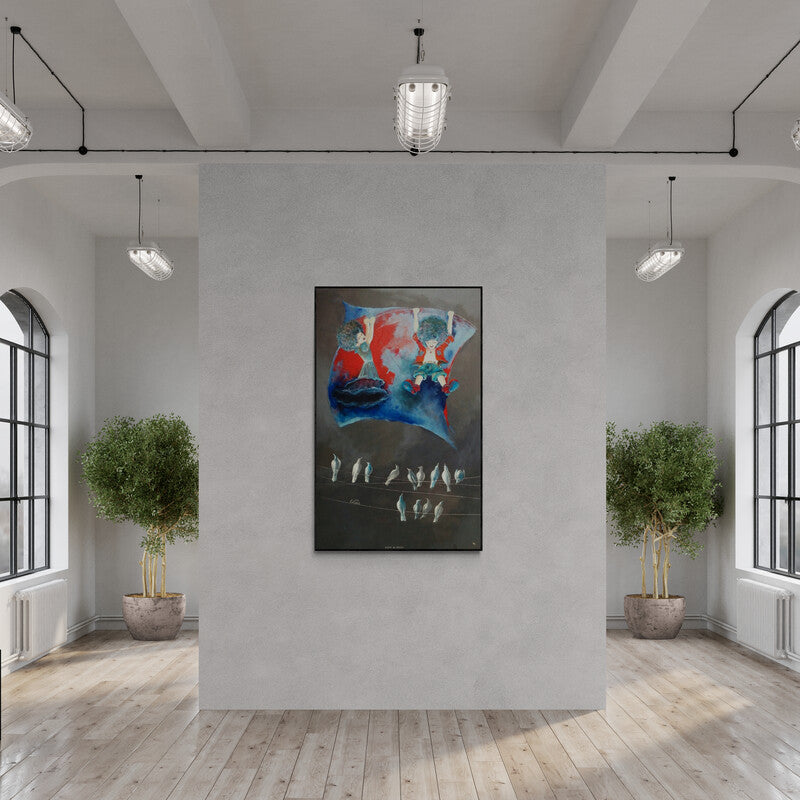 Preview of 'The Childhood Swinging With Kite' Painting by Shiv Kumar Soni shown on a wall in a furnished room.