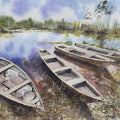 Landscape watercolor painting titled 'Chilika fishing boats', 16x12 inches, by artist Mrutyunjaya Dash on Paper