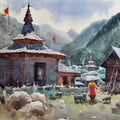 Cityscape watercolor painting titled 'Chitkul Last Village Of India', 15x22 inch, by artist Achintya Hazra on Paper