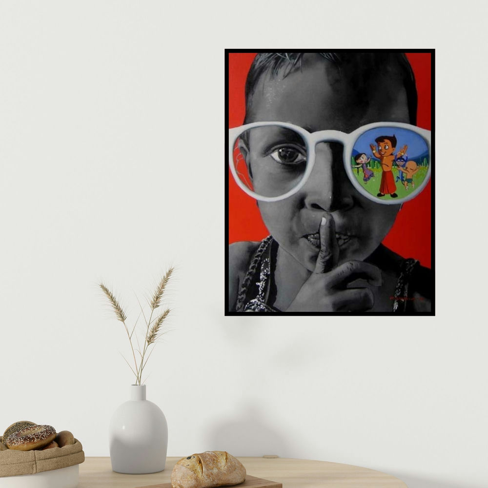 Manohar Rathod's 'Chota Bheem' painting visualized above a sofa in a contemporary room.