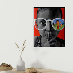 Manohar Rathod's 'Chota Bheem' painting visualized above a sofa in a contemporary room.