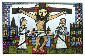 Christ On A Cross (Christ on the Cross) by Madhvi Parekh, Original Reverse Serigraph Religious Painting on Paper, X-Large Horizontal Wall Art