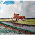 Cityscape watercolor painting titled 'Church At Romney Marsh Kent England', 7x11 inches, by artist Arunava Ray on Paper