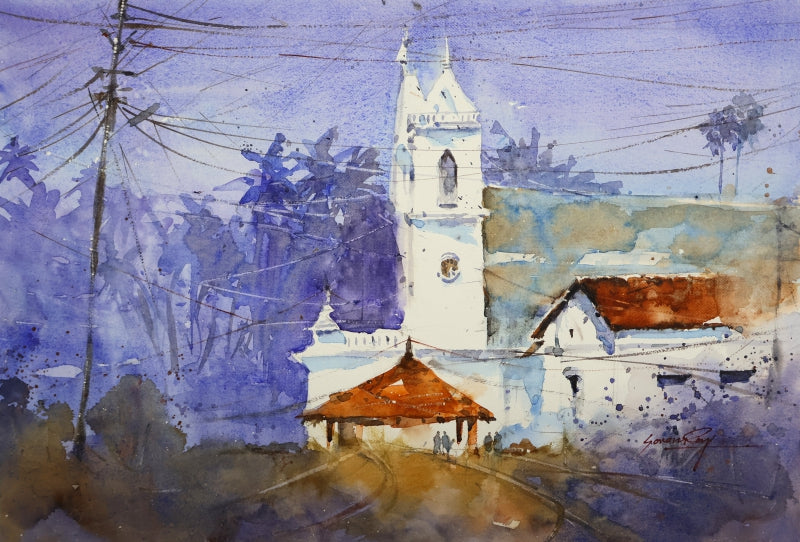 Church In Goa' religious watercolor painting by artist Soven Roy, 10x14 inch, on paper