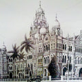 Cityscape ink drawing titled 'Churchgate W Rly Bldg', 24x30 inches, by artist Aman A on Canvas