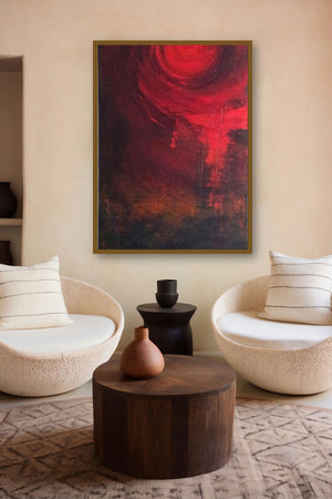 Circular Red Abstract (Lunar Eclipse) by artist Sanjay Akolikar displayed in a Luxury gallery