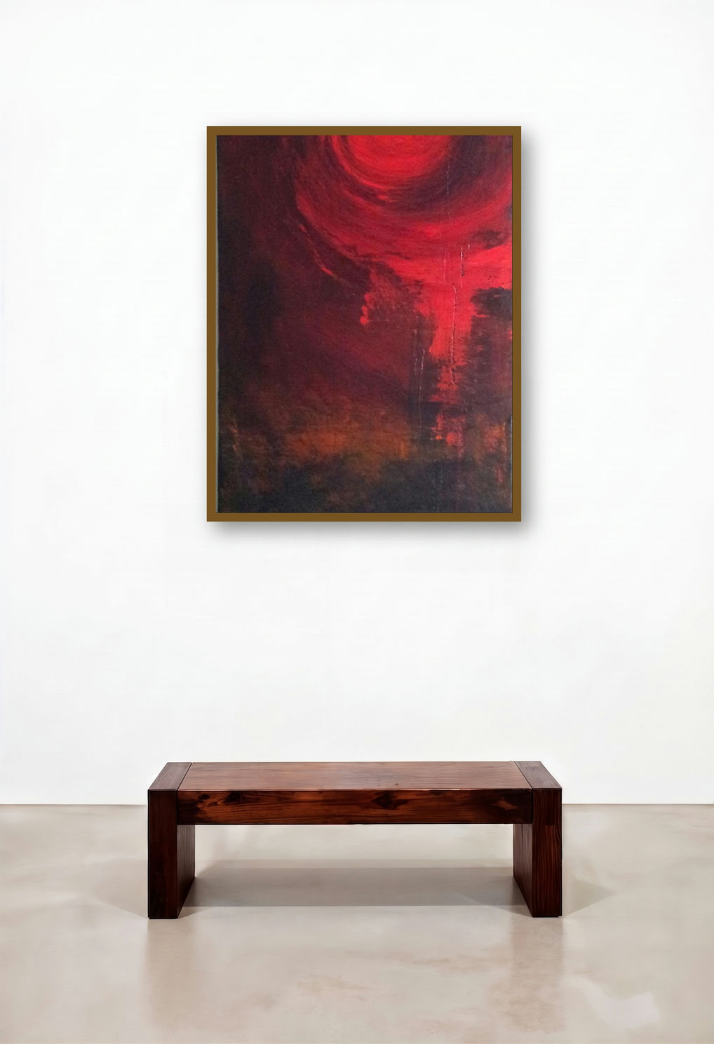 Circular Red Abstract (Lunar Eclipse) by artist Sanjay Akolikar displayed in a Rustic Hotel Lobby