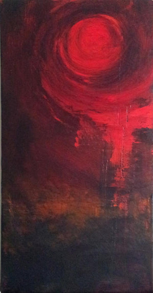 Circular Red Abstract (Lunar Eclipse) by Sanjay Akolikar, Original Acrylic Abstract Painting on Canvas, Medium Vertical Wall Art