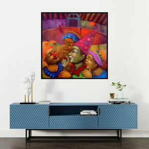 'Circus' painting by Apet Pramod shown on a wall in a furnished room.