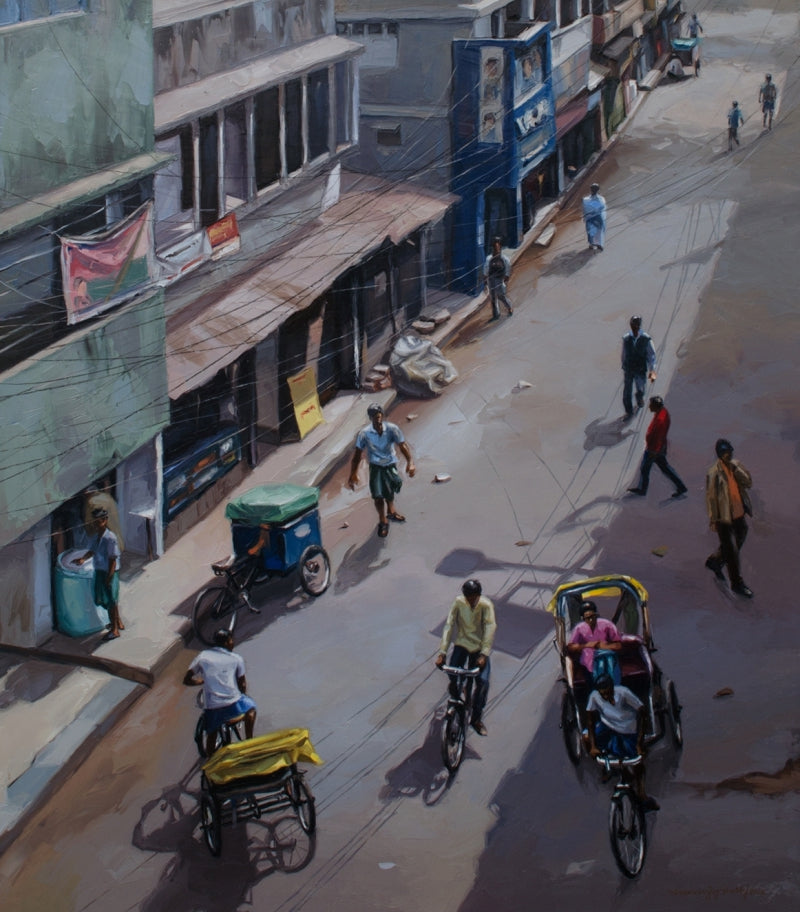 City 3' cityscape oil painting by artist Dhananjoy Ghosh, 48x42 inch, on canvas