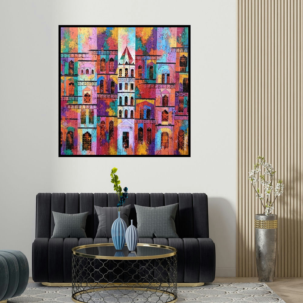 Suresh Gulage's 'City 91 (Urban Tapestry)' painting visualized above a sofa in a contemporary room.