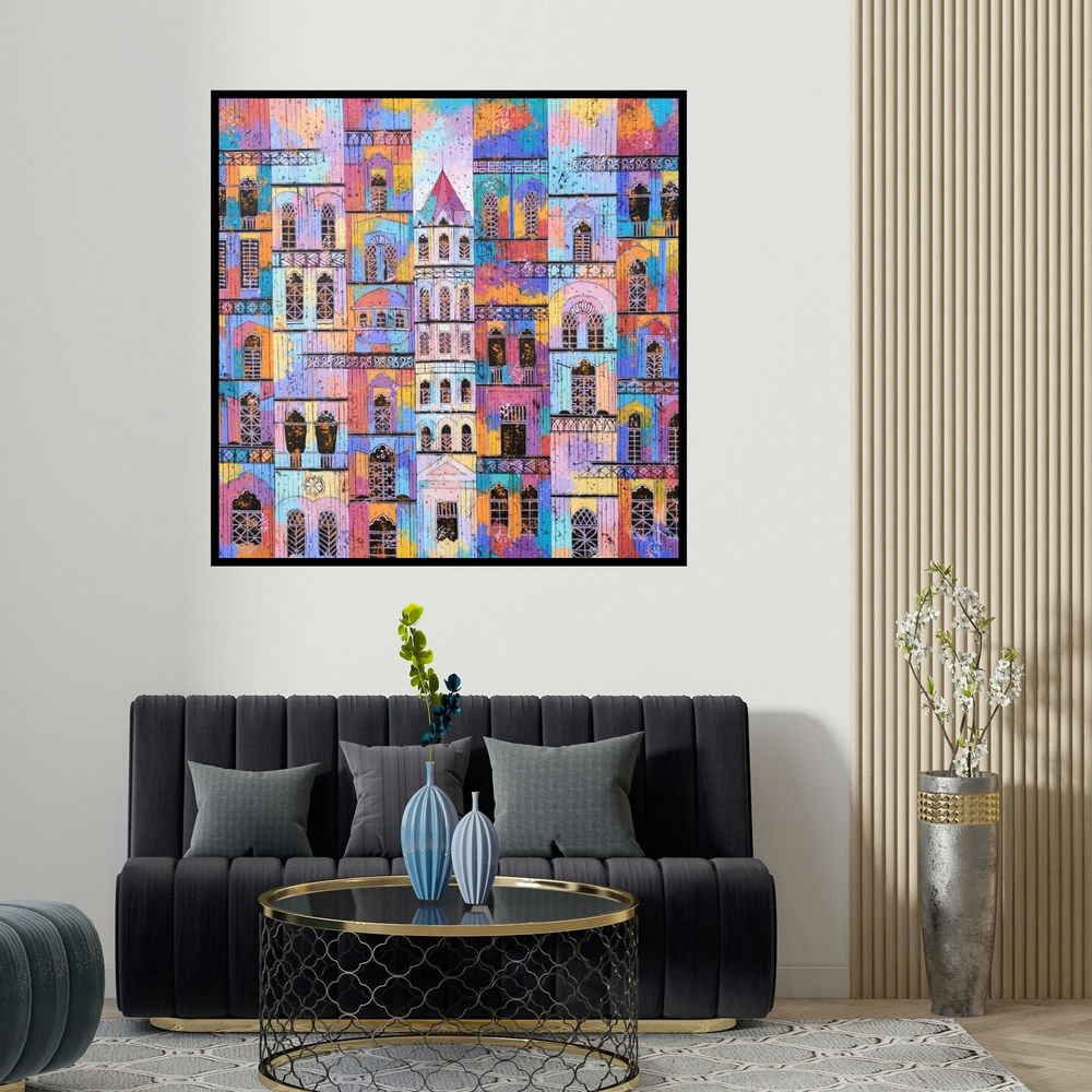 Suresh Gulage's 'City 92 (Urban Tapestry)' painting visualized above a sofa in a contemporary room.