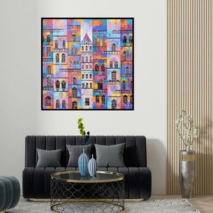 Suresh Gulage's 'City 92 (Urban Tapestry)' painting visualized above a sofa in a contemporary room.