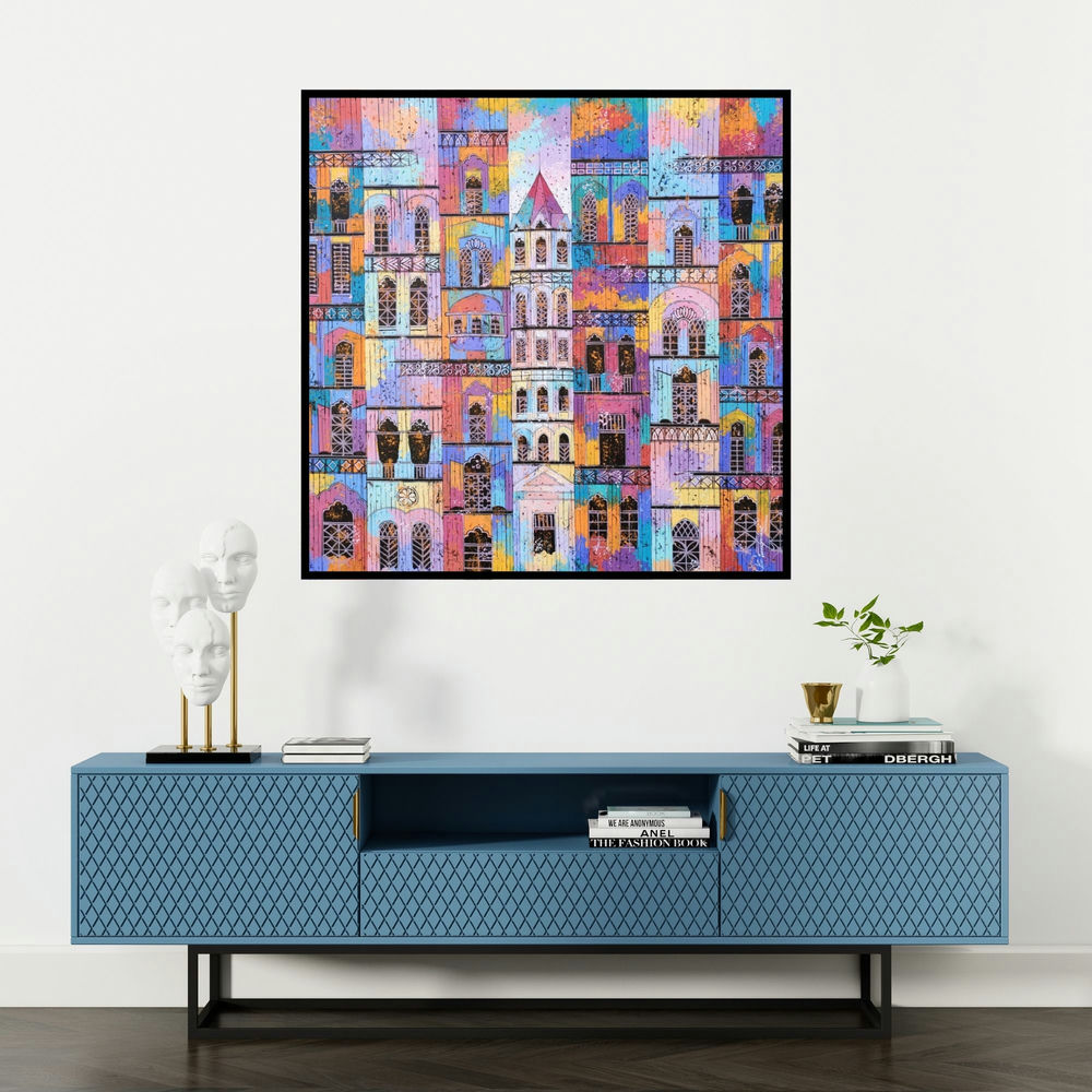 'City 92 (Urban Tapestry)' painting by Suresh Gulage shown on a wall in a furnished room.