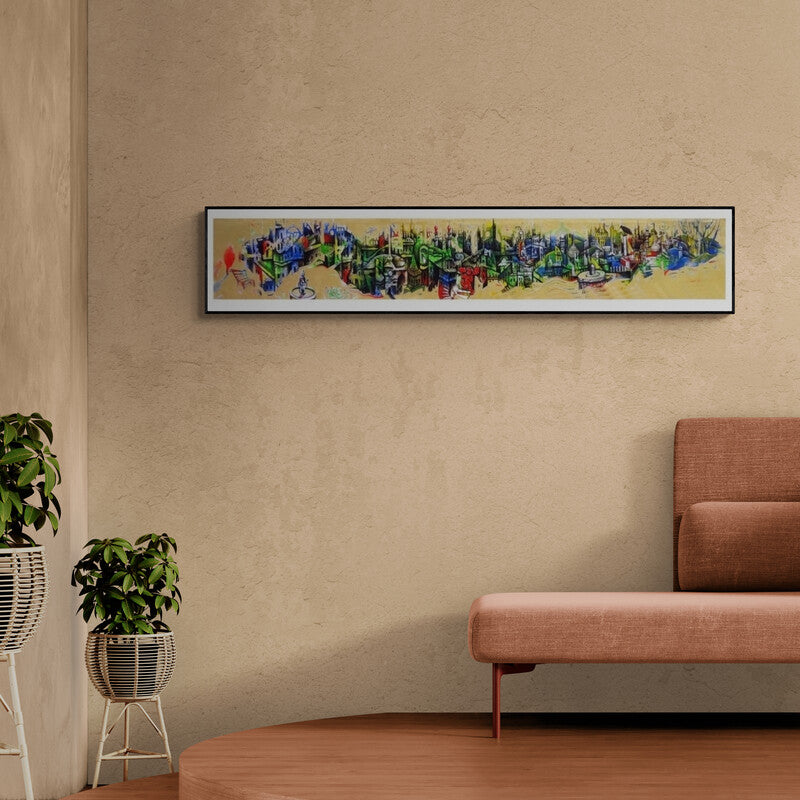 Preview of 'City Of Bhopal (Urban Tapestry)' Painting by Mahesh Pal Gobra shown on a wall in a furnished room.