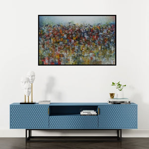 Preview of 'City Of Dream 7' Painting by M Singh shown on a wall in a furnished room.
