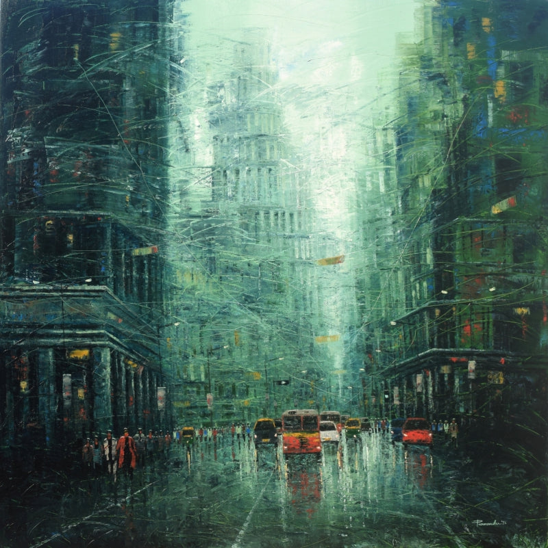 'City Of Emerald Rain' cityscape oil painting by artist Purnendu Mandal, 48x48 inch, on canvas