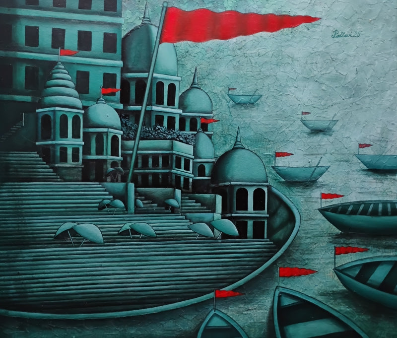 City Of Holiness' religious mixed-media painting by artist Pallavi Dutta, 23x20 inch, on paper
