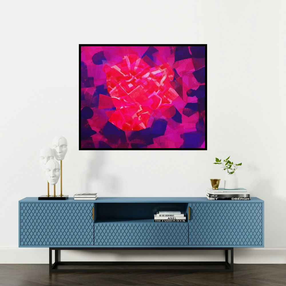 Shivani Garg's 'City Life (Crimson Confluence)' painting visualized above a sofa in a contemporary room.