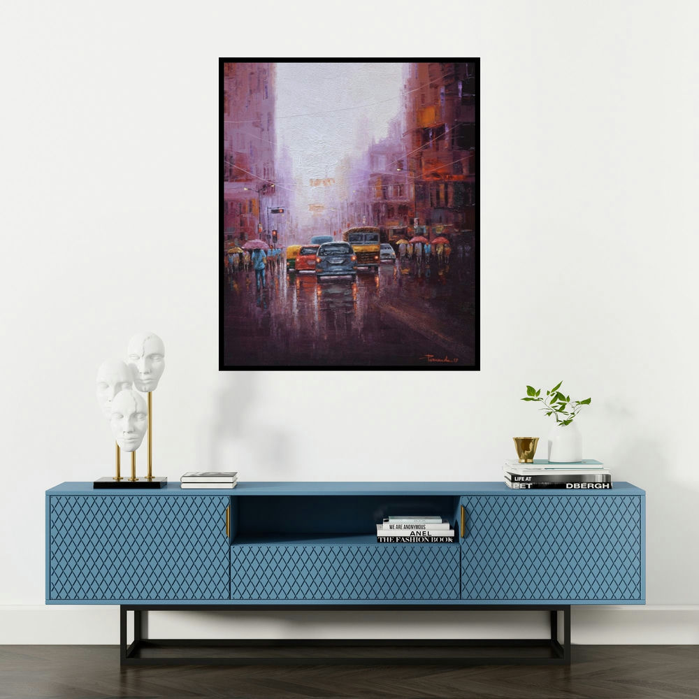Purnendu Mandal's 'City Life (Rainy Day Commute)' painting visualized above a sofa in a contemporary room.