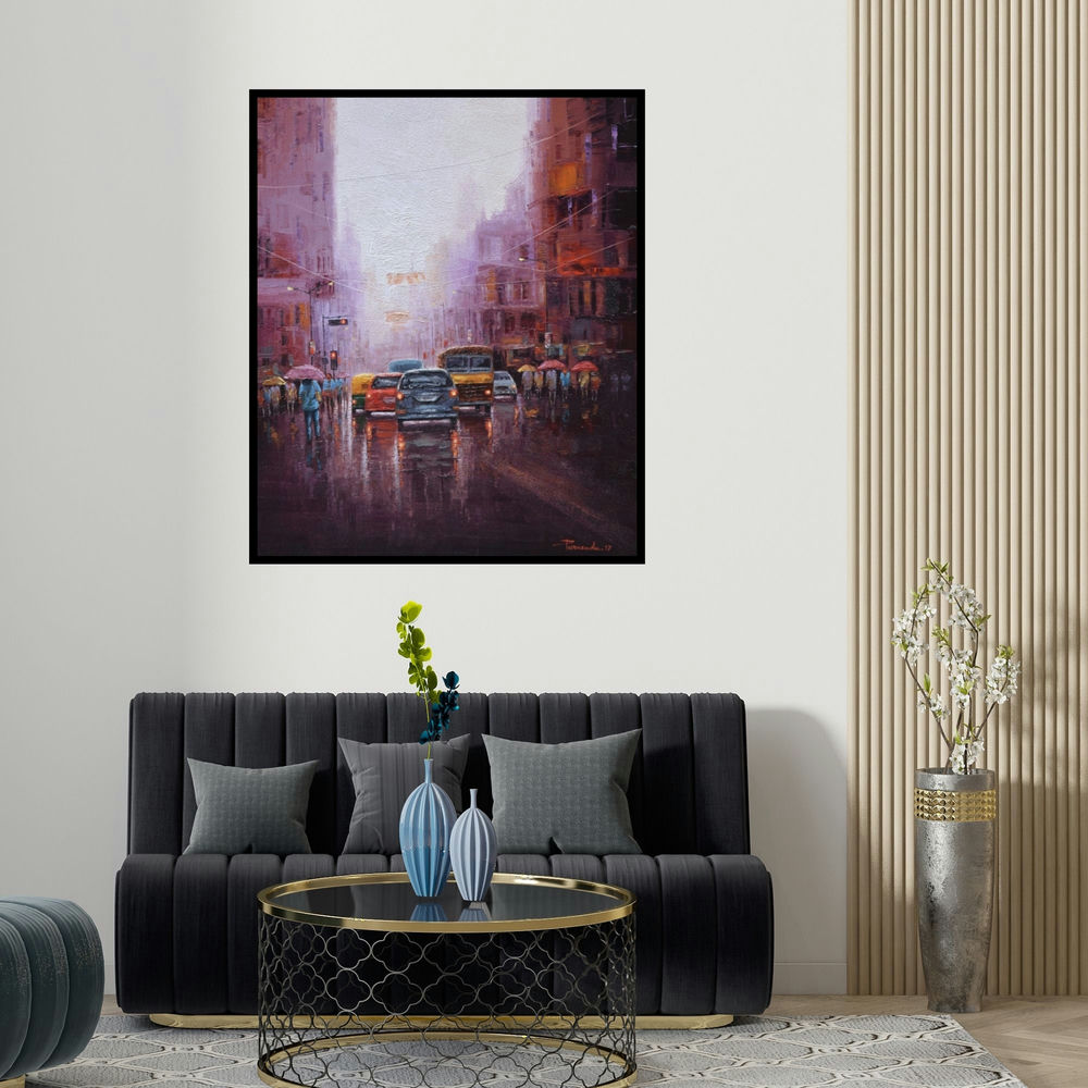 'City Life (Rainy Day Commute)' painting by Purnendu Mandal shown on a wall in a furnished room.