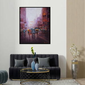 'City Life (Rainy Day Commute)' painting by Purnendu Mandal shown on a wall in a furnished room.