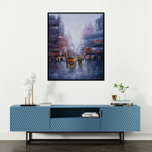 Purnendu Mandal's 'City Life' painting visualized above a sofa in a contemporary room.