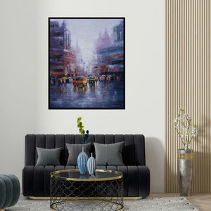 'City Life' painting by Purnendu Mandal shown on a wall in a furnished room.