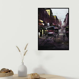 Sadikul Islam's 'City Of Light And Dark (A Glimpse of Kolkata)' painting visualized above a sofa in a contemporary room.