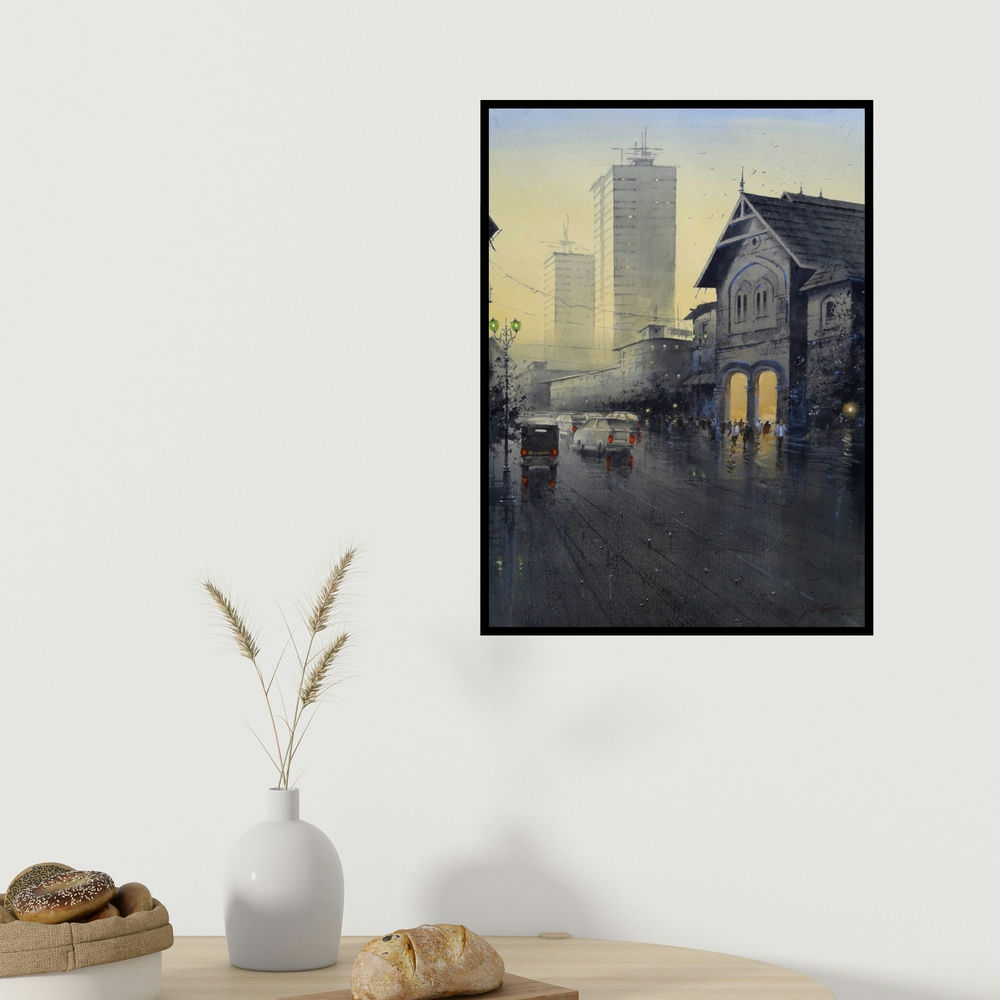 Atul Gendle's 'City Light' painting visualized above a sofa in a contemporary room.