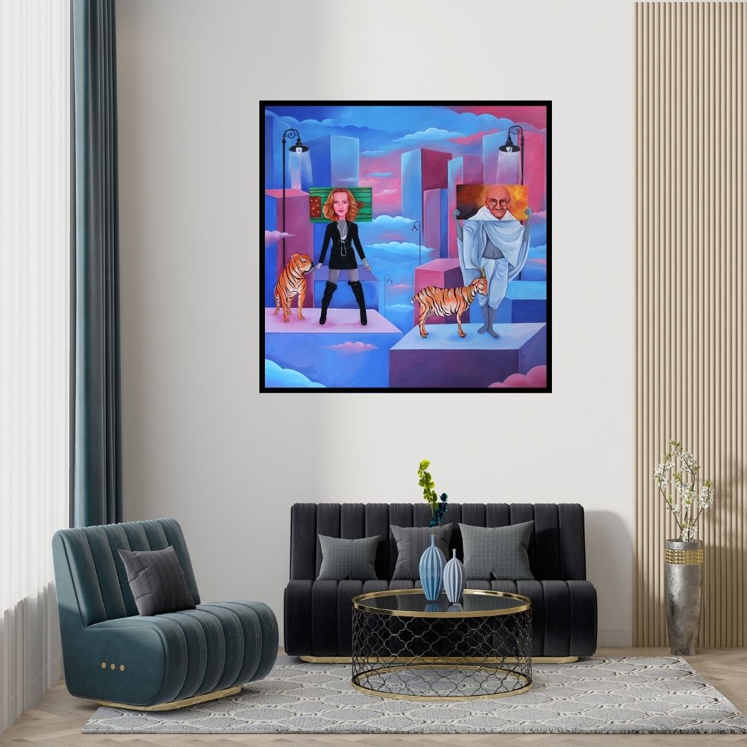 Preview of 'City Of Mask 1' Painting by Anand Kumar shown on a wall in a furnished room.