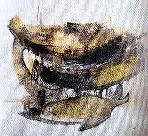 City Of Hope (Golden Echoes) by Trapti Porwal, Original Acrylic Ink Abstract Painting on Canvas, X-Small Square Wall Art