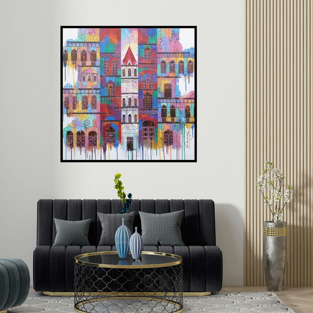 Suresh Gulage's 'City With Reflection 12 (A Symphony of Colors)' painting visualized above a sofa in a contemporary room.