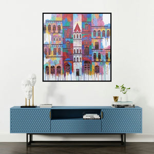 'City With Reflection 12 (A Symphony of Colors)' painting by Suresh Gulage shown on a wall in a furnished room.