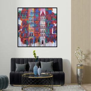 Suresh Gulage's 'City With Reflection 5 (A Symphony of Colors)' painting visualized above a sofa in a contemporary room.