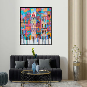 'City With Reflection 6 (Urban Tapestry)' painting by Suresh Gulage shown on a wall in a furnished room.