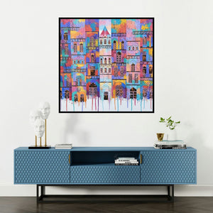 'City With Reflection 7 (Urban Tapestry)' painting by Suresh Gulage shown on a wall in a furnished room.