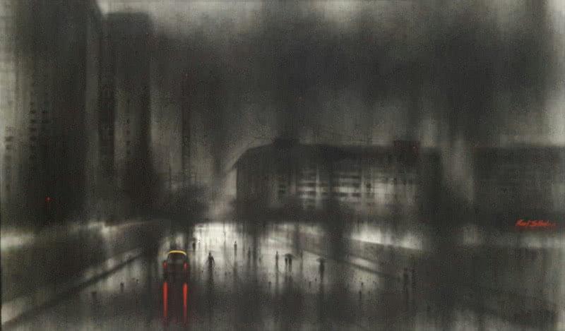 Cityscape charcoal drawing titled 'City Road', 24x40 inches, by artist Ravi Sthul on Canvas